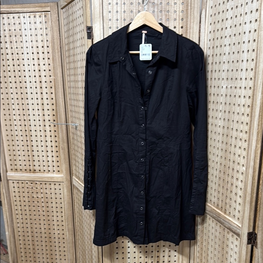Free People Black Button Down Mini Dress Long Sleeve Hook Eye Cuffs OB1517397 S